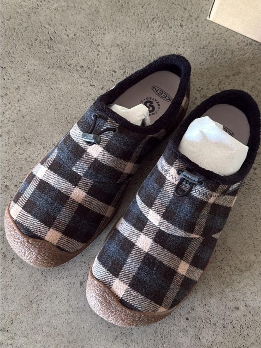 Keen Plaid Slip-On Loafers in Black and Tan